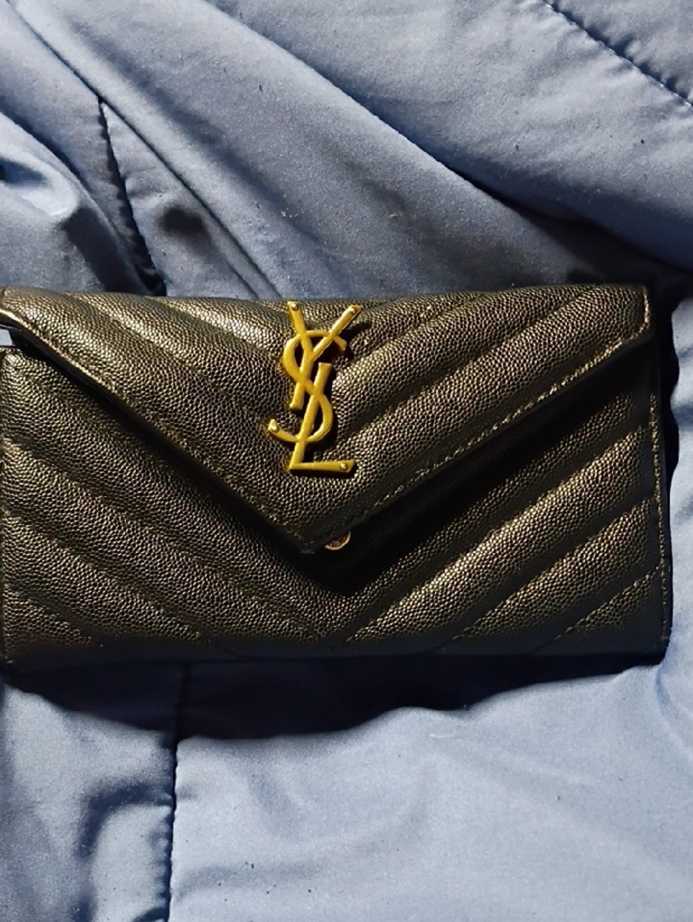 Black Quilted Envelope Wallet with Gold Emblem